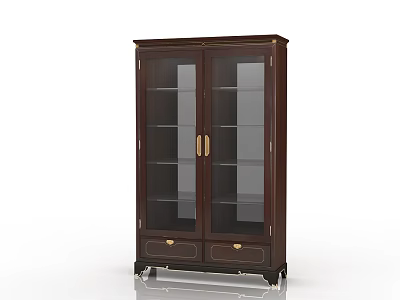 Elegant Dark Brown Wooden Wine Cabinet With Glass Double Doors And Drawers On Wheels 3d model