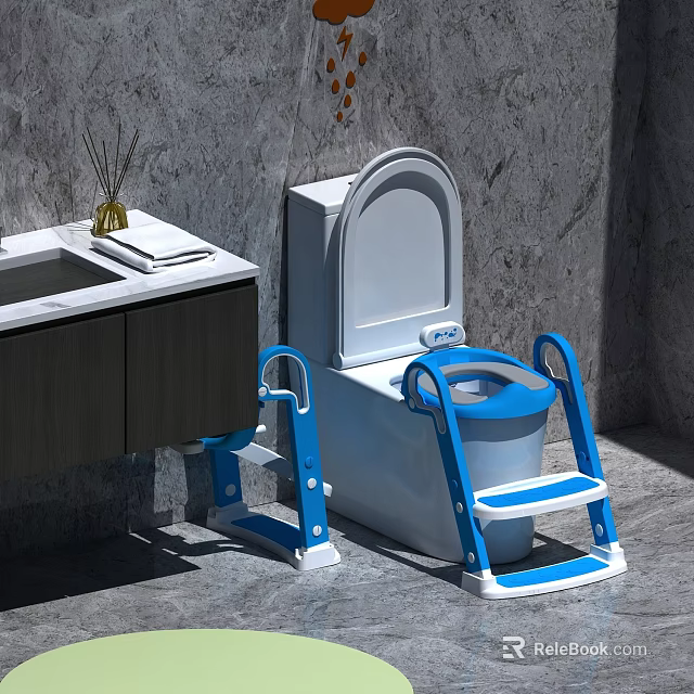 Bathroom Toilet With Blue Toddler Training Step Ladder 3d model 