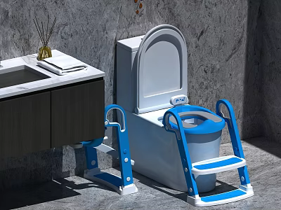 Bathroom Toilet With Blue Toddler Training Step Ladder 3d model