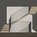 Modern Staircase Design With Wooden Steps And Black Metal Railings Against White Walls