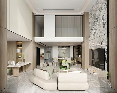 Duplex Living Room Interior Design With Modern Beige Sofa And Marble Wall Open Layout 3d model