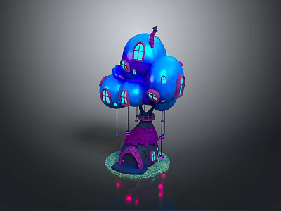Scenic Landscape Featuring Blue Balloon Shaped Buildings Purple House Green Grass And Red Glowing Lights 3d model