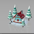 Small House with Red Roof Chimney and Blue Door Surrounded by Snowy Trees