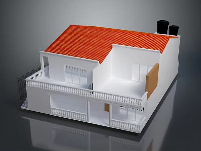 Cartoon Scene of White House Model With Red Roof Black Chimneys and Balcony White Railings 3d model