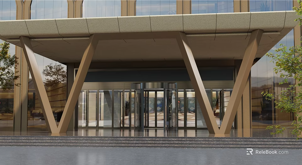 Modern Building Entrance With Glass Revolving Doors And Metal Support Structures 3d model 