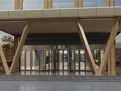 Modern Building Entrance With Glass Revolving Doors And Metal Support Structures 3d model