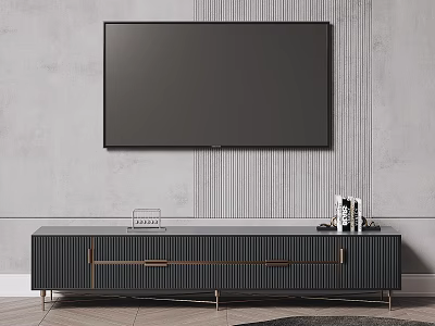 Modern Gray TV Stand With Gold Handles Under Wall Mounted Black TV And Decorations 3d model