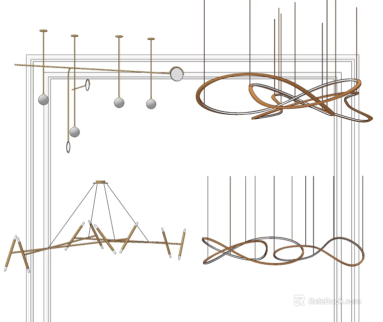 Contemporary Interior Design Showcasing Modern Chandeliers With Curved Metal Frames And Spherical Pendants 3d model 