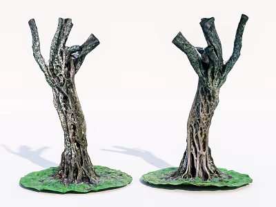 Decorative Arbor Models with Textured Trunks and Branches on Green Circular Bases 3d model