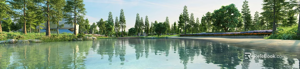 Garden Landscape with Calm Water Body Tall Trees Clear Reflections and Lush Greenery 3d model 