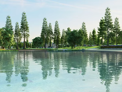 Garden Landscape with Calm Water Body Tall Trees Clear Reflections and Lush Greenery 3d model