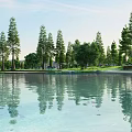 Garden Landscape with Calm Water Body Tall Trees Clear Reflections and Lush Greenery