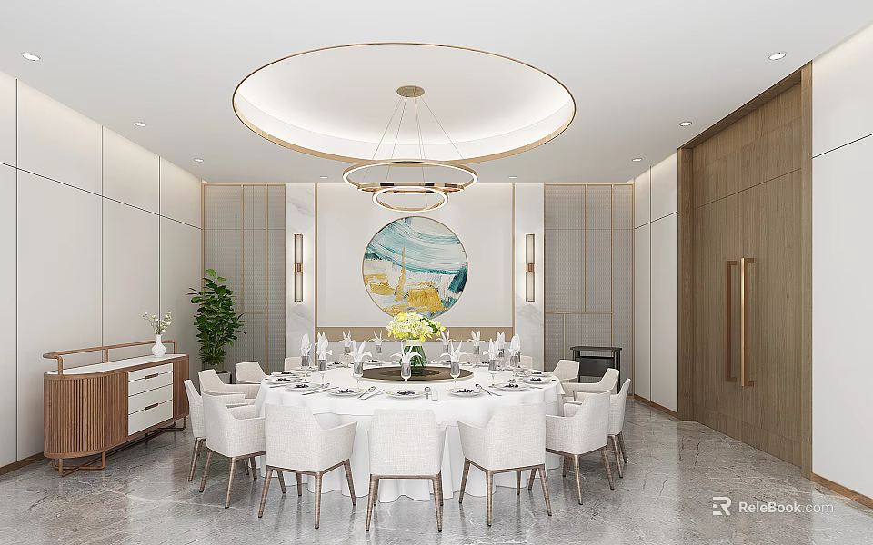Elegant Private Dining Room With Round Table White Chairs Chandelier Decorative Painting And Green Plant 3d model 