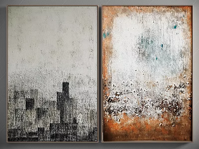 Abstract Wall Art Set With Black White City Skyline And Orange Blue Textured Design 3d model