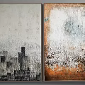 Abstract Wall Art Set With Black White City Skyline And Orange Blue Textured Design