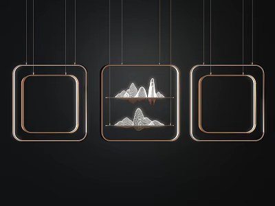 Three Modern Square Frame Pendant Lights with Golden Border and Mountain Shaped White Decoration 3d model