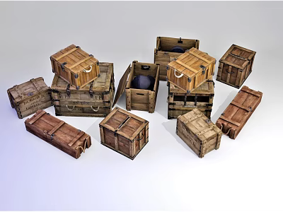 Vintage Wooden Crates in Various Sizes and Shapes Some Open Some Closed 3d model
