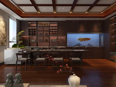 Chinese Style Office Interior Featuring Dark Wooden Furniture Fish Tank Tea Set And Green Plants 3d model