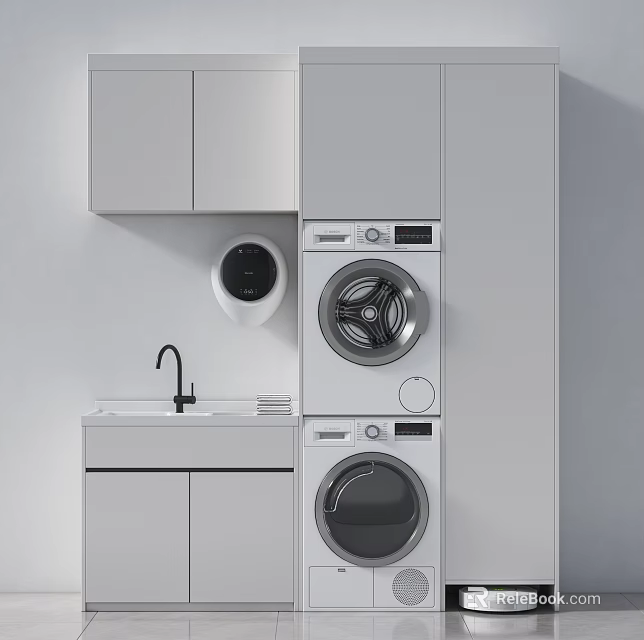 Modern Laundry Room Setup With Washer Dryer And Cabinet Storage 3d model 
