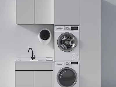 Modern Laundry Room Setup With Washer Dryer And Cabinet Storage 3d model