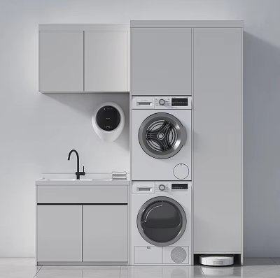 Modern Laundry Room Setup With Washer Dryer And Cabinet Storage 3d model