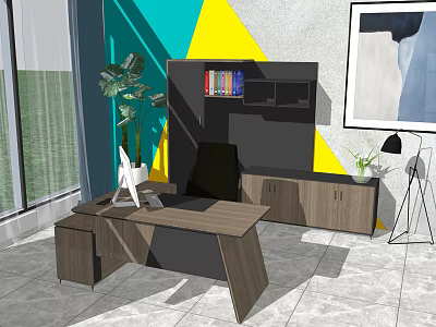 Modern Wooden Office Desk With Black Chair Table Lamp Green Plant Bookshelf And Decorative Painting 3d model