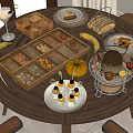 Assorted Foods Setup With Nuts Banana Pumpkin Teapot Pastries And Bread On Wooden Table