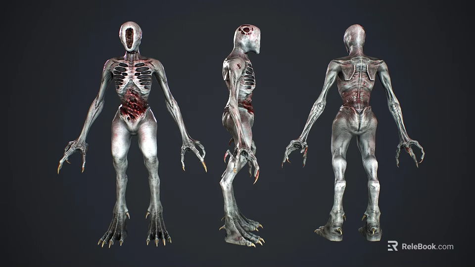Sci Fi Skeletal Character And Metallic Creature With Red Details Clawed Limbs 3d model