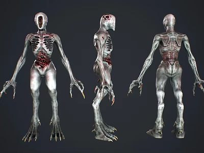Sci Fi Skeletal Character And Metallic Creature With Red Details Clawed Limbs 3d model