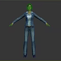 3D Female Character Model With Blue Jacket Jeans And Outstretched Arms Gray Background