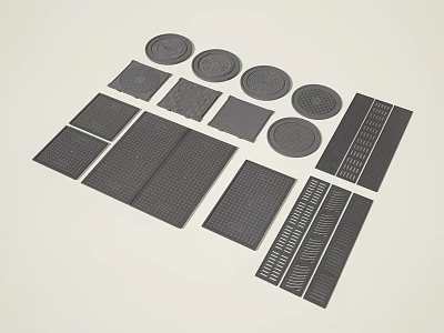 Black Circular And Rectangular Industrial Grille Covers With Grid Patterns For Systems 3d model