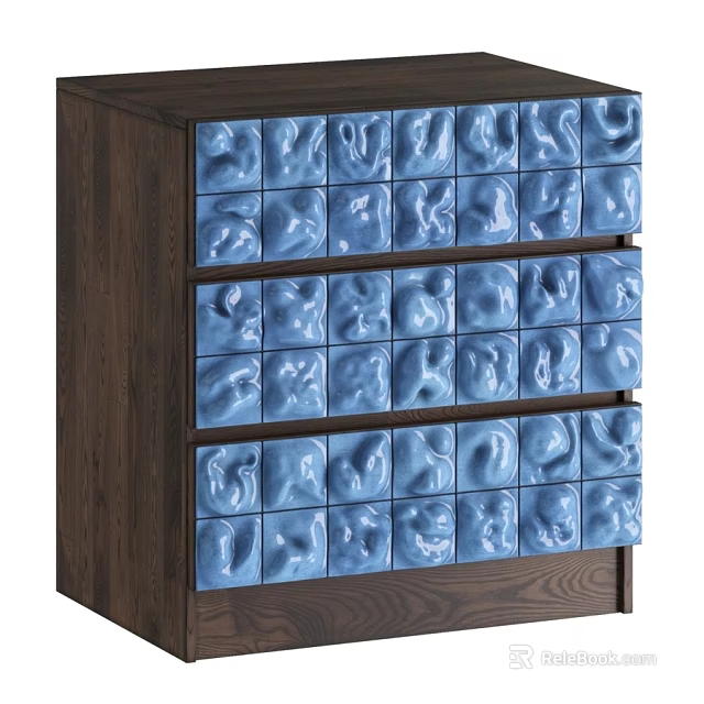 Modern Walnut Solid Wood Dresser With Embossed Glossy Blue Ceramic Tile Drawer Panels 3d model 