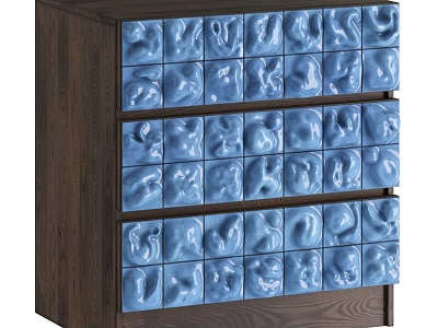 Modern Walnut Solid Wood Dresser With Embossed Glossy Blue Ceramic Tile Drawer Panels 3d model