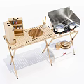 Portable Outdoor Dining Table with Stove Cooking Area Wooden Metal Frame Pots and Utensils