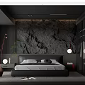 Modern Bedroom Design With Stone Texture Accent Wall Large Bed Brown Chair And Floor Lamps