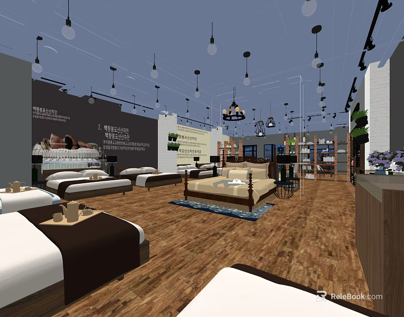 Furniture Store Interior With Bed Sofa Display Hanging Lights And Wooden Flooring 3d model 