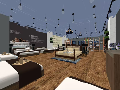 Furniture Store Interior With Bed Sofa Display Hanging Lights And Wooden Flooring 3d model