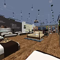 Furniture Store Interior With Bed Sofa Display Hanging Lights And Wooden Flooring