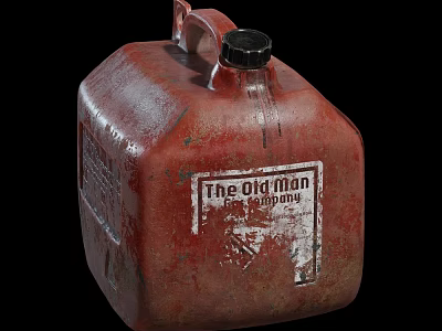 Vintage Red Worn Metal Jerry Can With The Old Man Fire Supply Label 3d model