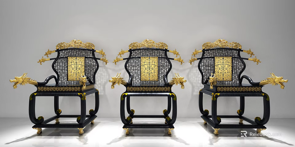Three Classical Black Armchairs With Golden Dragon Motifs And Intricate Openwork Design 3d model 