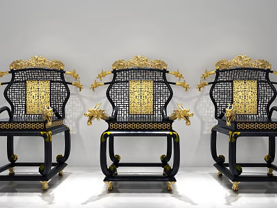 Three Classical Black Armchairs With Golden Dragon Motifs And Intricate Openwork Design 3d model