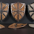Medieval Wooden Shields With Metal Accents And Ornate Designs On