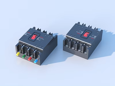 Black Electrical Circuit Breakers With Red Switches And Colored Buttons 3d model