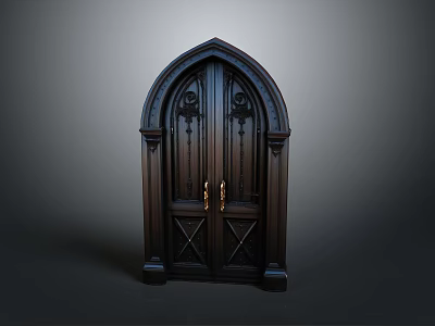 Intricately Carved Gothic Wooden Door With Arched Top And Double Panels 3d model