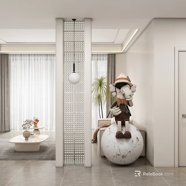 Modern Entryway Design With Decorative Partition Plush Toy Marble Sphere And Potted Plant 3d model 