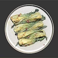 Steamed Bok Choy Slices with Red Chili Flakes on White Plate and Green Garnish
