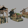 Rustic Garden Decorations With Wooden Structures Stone Bases And Hanging Plant Holders 3d model