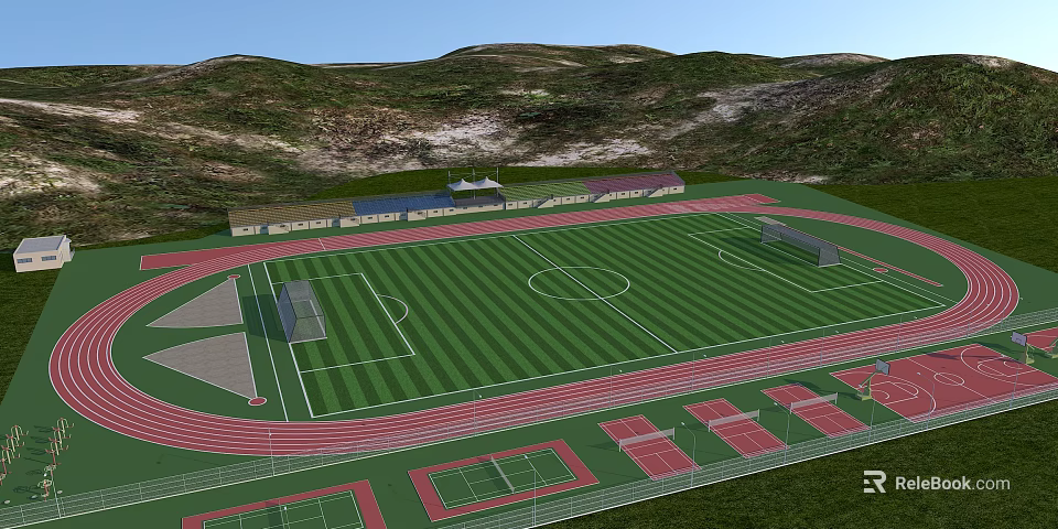 Well Maintained Soccer Field With Running Track Stands And Green Hills 3d model 