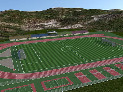 Well Maintained Soccer Field With Running Track Stands And Green Hills 3d model