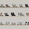 Various Styles of Shoes Including High Heels and Sneakers Displayed on Shelves